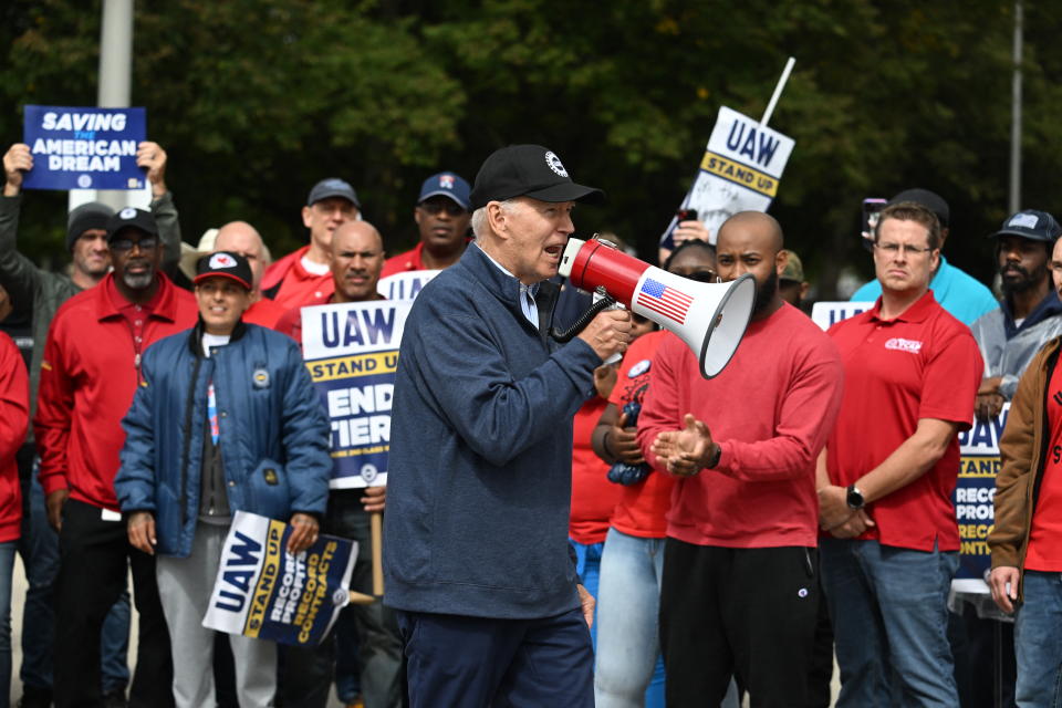 President Biden addresses striking members of the United Auto Workers union at a picket line outside a General Motors plant in Michigan on September 26, 2023. (Jim Watson/AFP via Getty Images)