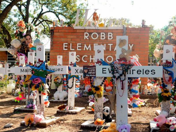 PHOTO: A memorial for the 19 children and two teachers killed in the May shooting sits outside of Robb Elementary on Oct. 24, 2022, in Uvalde, Texas. (Acacia Coronado/AP)