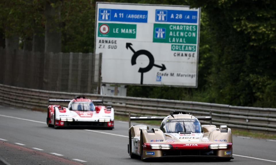 <span>The Team Jota Porsche 963 of Jenson Button, Philip Hanson, and Oliver Rasmussen in action on test day this week.</span><span>Photograph: James Moy Photography/Getty Images</span>