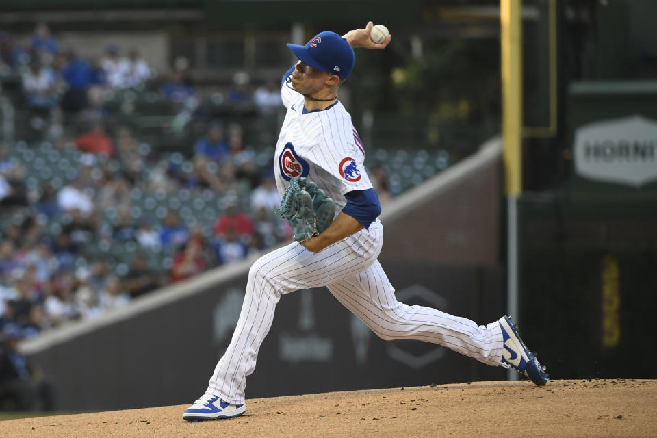 Chicago Cubs starting pitcher Keegan Thompson delivers against the Cincinnati Reds during the first inning of a baseball game in Chicago, Tuesday, June 28, 2022. (AP Photo/Matt Marton)