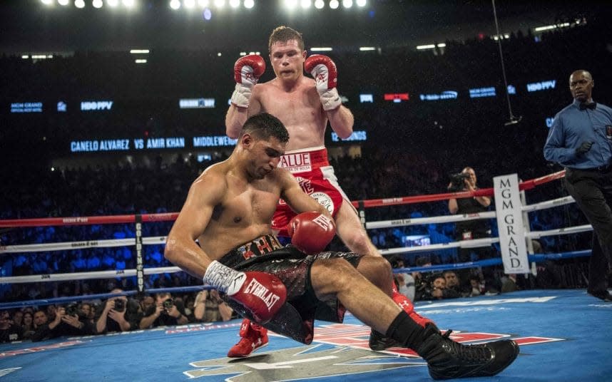 Amir Khan was brutally knocked out by Saul ‘Canelo’ Alvarez - Copyright (c) 2016 Rex Features. No use without permission.