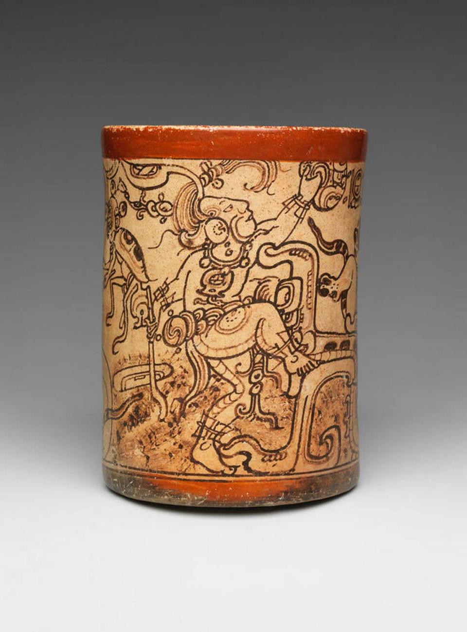 A vessel with a mythological scene, attributed to the “Metropolitan Painter,” a Maya painter active 7th or 8th century, on display at the Kimbell Art Museum.