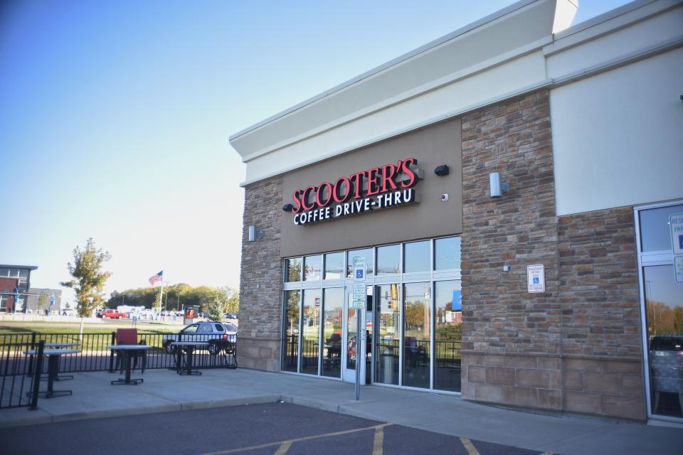 The Scooter's Coffee House on 7710 S. Dakota Hawk Avenue features outdoor seating.