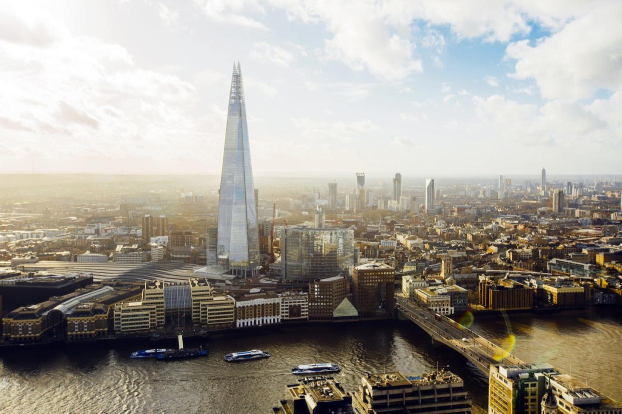Aerial helicopter view of London with The Shard building, London, England, UK