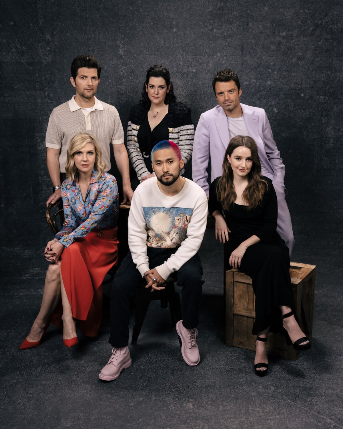 Clockwise from top left, Adam Scott, Melanie Lynskey, Sebastian Stan, Kaitlyn Dever, Jin Ha and Rhea Seehorn.