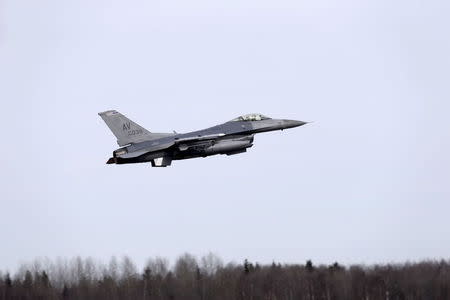 A F-16 fighter from the U.S. Air Force 510th Fighter Squadron takes-off in Amari air base March 26, 2015. REUTERS/Ints Kalnins