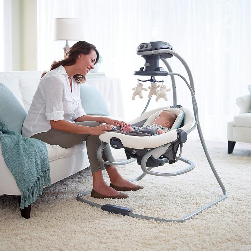 This sways side to side and glides front to back to (hopefully) put babies to sleep &mdash; and give parents a few minutes of hands-free break time.<br /><br /><strong>Promising review:</strong> "We love this thing. It has a permanent spot in our living room. Before this, someone always had to be holding our daughter. Now we can both eat dinner at the same time! And since we&rsquo;ve been home with her all day while trying to work, <strong>when she starts getting sleepy we put her in here to nap and she&rsquo;s out.</strong> She naps for longer in here compared to on the floor or in the pack and play. We love this thing, it has really helped us." &mdash; <a href="https://amzn.to/3afdMd4" target="_blank" rel="nofollow noopener noreferrer" data-skimlinks-tracking="5669346" data-vars-affiliate="Amazon" data-vars-href="https://www.amazon.com/gp/customer-reviews/R1KC2RU7SVZ9LU?tag=bfjohn-20&amp;ascsubtag=5669346%2C6%2C22%2Cmobile_web%2C0%2C0%2C0" data-vars-keywords="cleaning,fast fashion" data-vars-link-id="0" data-vars-price="" data-vars-retailers="Amazon">CMI</a>﻿<br /><br /><strong>Get it from Amazon for <a href="https://www.amazon.com/Graco-DuetSoothe-Swing-Rocker-Winslet/dp/B00AO084CW" target="_blank" rel="noopener noreferrer">$107.09+</a> (available in two colors).</strong>