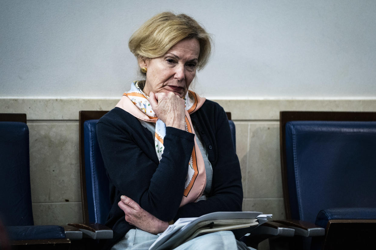 Dr. Deborah Birx, White House coronavirus response coordinator, listens as President Donald J. Trump speaks with members of the coronavirus task force during a briefing in response to the COVID-19 coronavirus pandemic in the James S. Brady Press Briefing Room at the White House on April 23, 2020 in Washington, DC. (Jabin Botsford/The Washington Post via Getty Images)