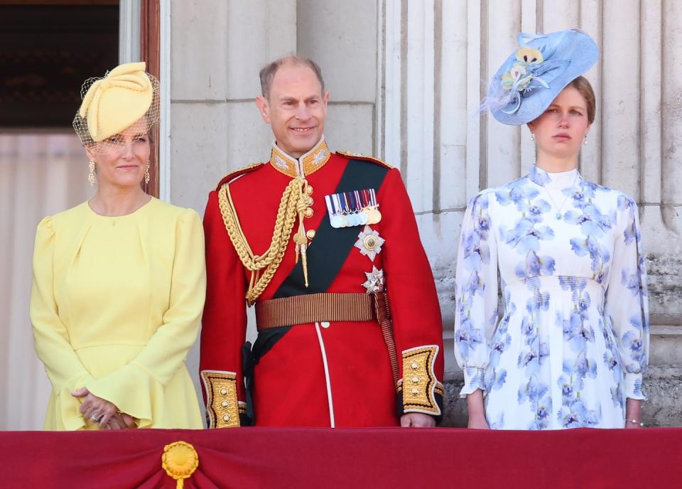 london, england june 15 prince edward, duke of edinburgh, sophie, duchess of edinburgh and lady louise windsor during trooping the colour at buckingham palace on june 15, 2024 in london, england trooping the colour is a ceremonial parade celebrating the official birthday of the british monarch the event features over 1,400 soldiers and officers, accompanied by 200 horses more than 400 musicians from ten different bands and corps of drums march and perform in perfect harmony photo by chris jacksongetty images