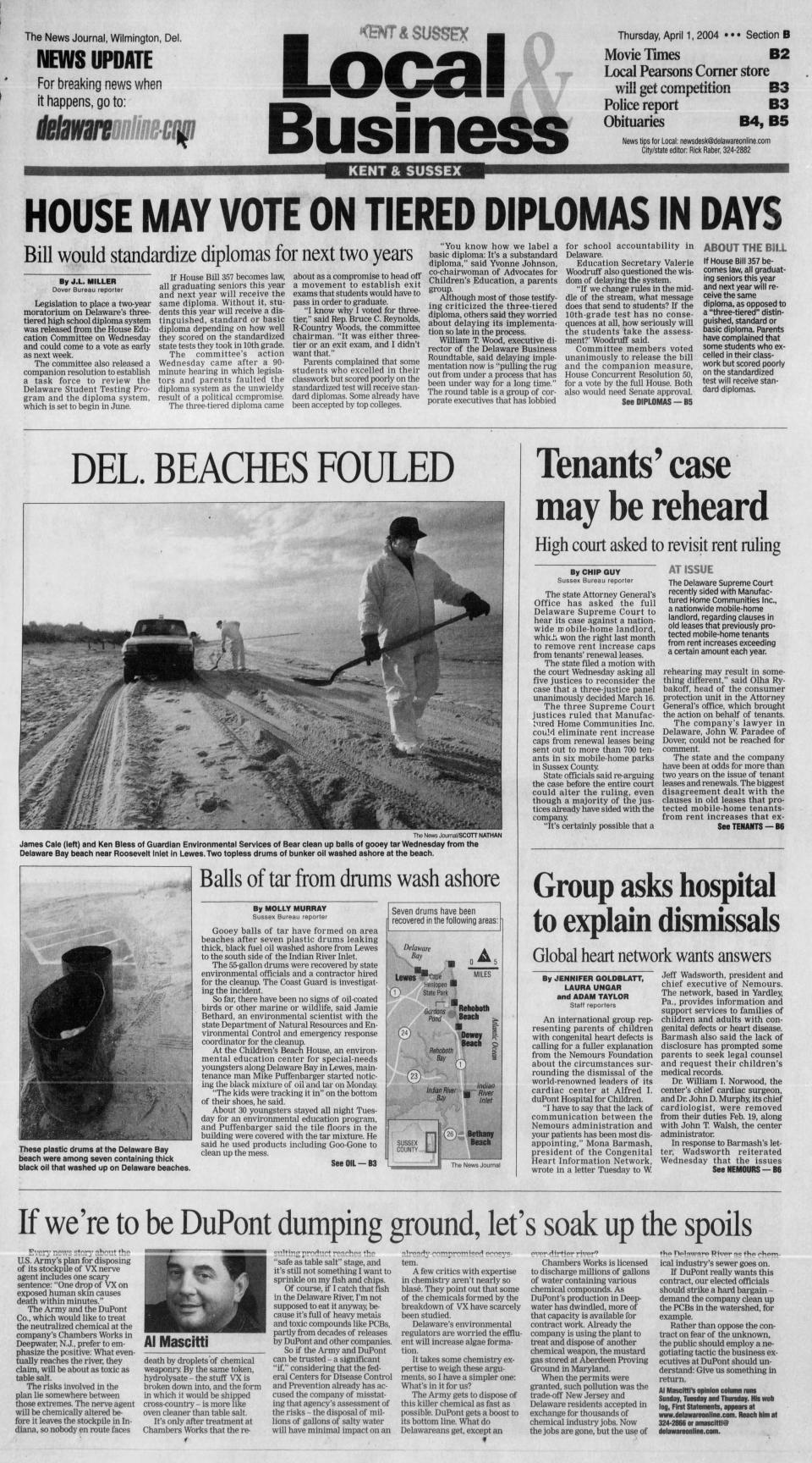 Page B1 of The News Journal from April 1, 2004.