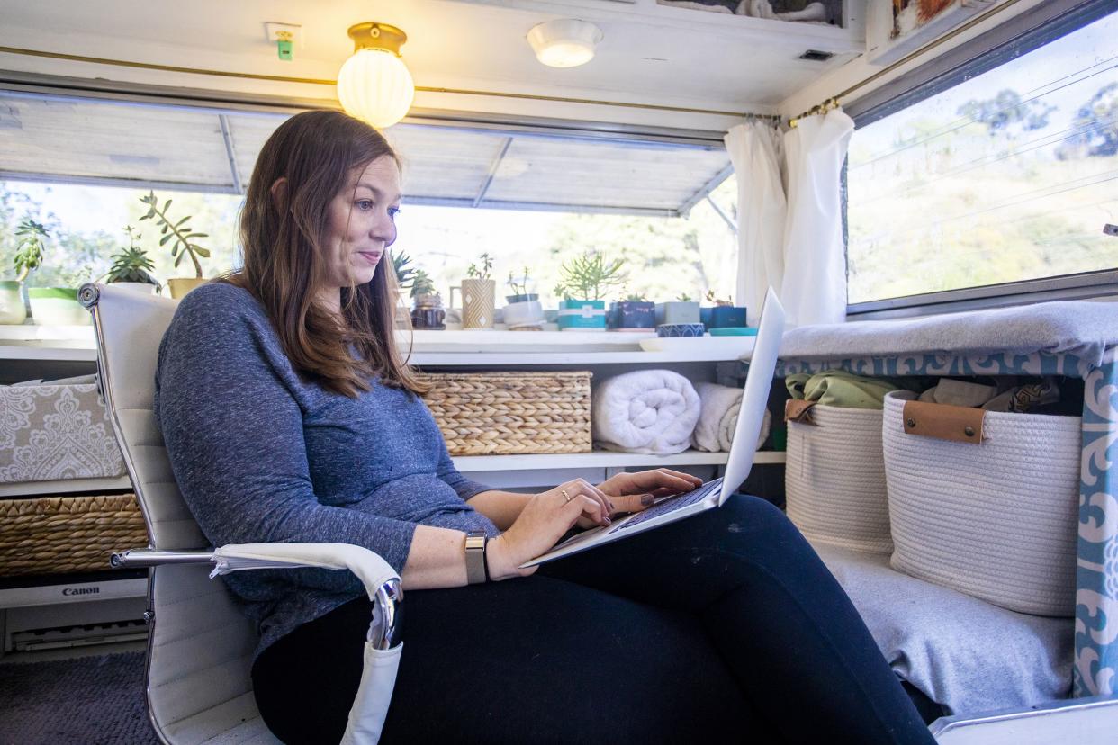 young entrepreneur woman working from her rv