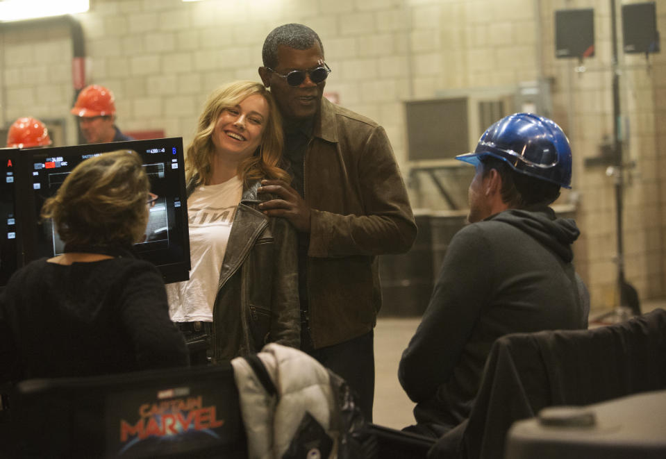 Anna Boden, Brie Larson, Samuel L. Jackson, and Ryan Fleck on the set of ‘Captain Marvel’ (Disney/Marvel)