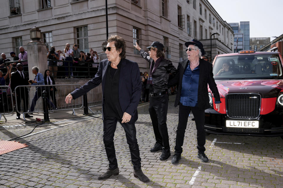 Ronnie Wood, from left, Mick Jagger, and Keith Richards arrive at the Rolling Stones Hackney Diamonds launch event on Wednesday, Sept. 6, 2023 in London. (Scott Garfitt/Invision/AP)