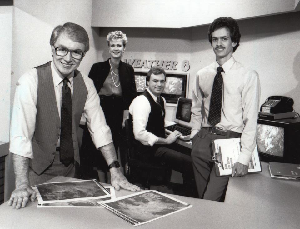 This 1984 photo shows WISH-8 weather staffers: Stan Wood (from left), Patty Spitler, Randy Ollis and Ron Magnuson. Ollis is the lone forecaster still with the station.