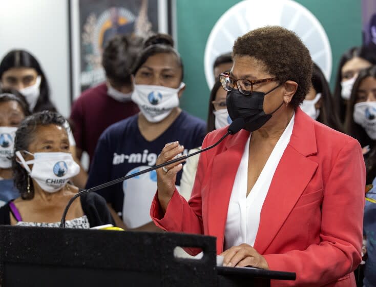 LOS ANGELES, CA-JULY 18, 2022: Mayoral candidate Karen Bass answers a question during a town hall event at CHIRLA (Coalition for Humane Immigrant Rights of Los Angeles) headquarters in Los Angeles. The CHIRLA Action Fund, the political arm of the Coalition for Humane Immigrant Rights, endorsed her for mayor of Los Angeles. (Mel Melcon / Los Angeles Times)