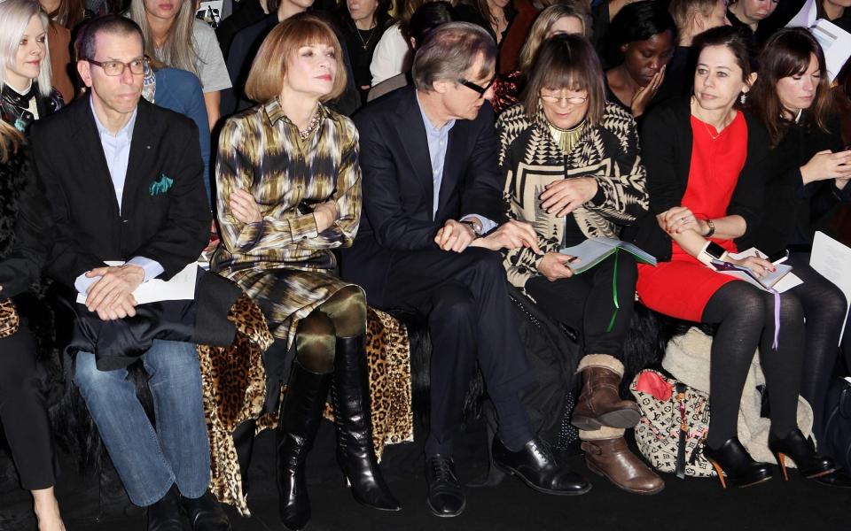 The fashion front row from left to right: Jonathan Newhouse, Anna Wintour, Bill Nighy, Hilary Alexander, writer Lisa Armstrong and Laura Craig at the Mulberry Autumn / Winter 2012 show during London Fashion Week - Dave M Benett/Getty Images Europe