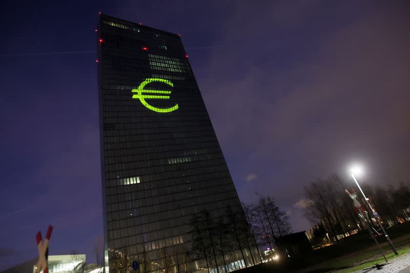 FILE PHOTO: Preview of the illumination at ECB headquarters for the Euro's 20th anniversary in Frankfurt