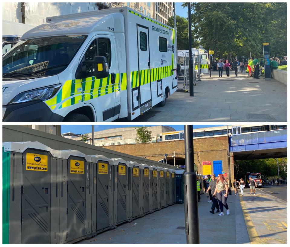 Emergency service vehicles on standby (top) and portable toilets (bottom).