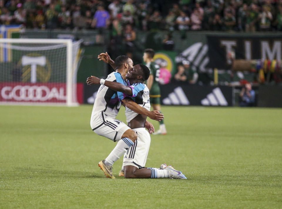 Minnesota United celebrates defeating the Portland Timbers after an MLS soccer match at Providence Park in Portland, Ore. on Saturday, May 20, 2023. (Vickie Connor/The Oregonian via AP)