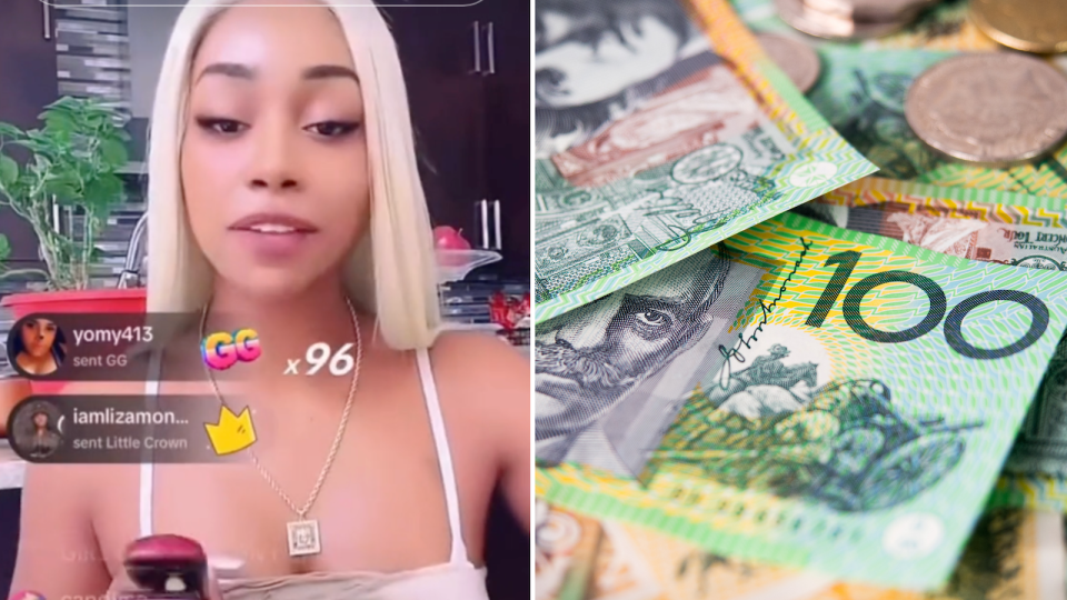 Compilation image of TikTok NPC star @babydoll and a pile of cash to represent side hustle
