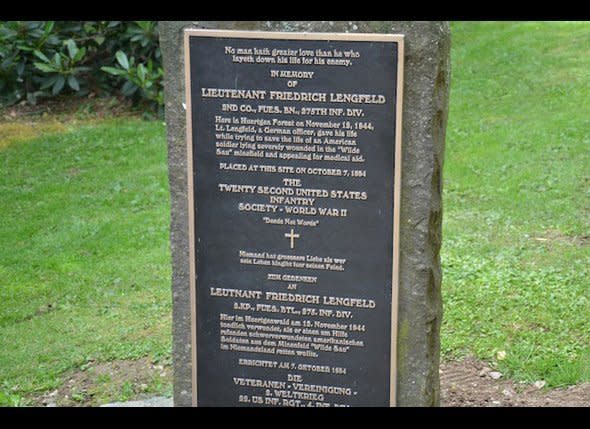 This memorial was placed by American soldiers at the cemetery that holds the remains of German soldiers. While there was a massacre (perpetrated by German SS) of Allied soldiers not far from this place in Malmedy, Belgium around the same time the Battle of Huertgen Forest was being fought, this memorial shows the humanity shown by regular German soldiers on one side of the battle to their American enemy on the other.    Photo: David Kiley/HuffPost Travel