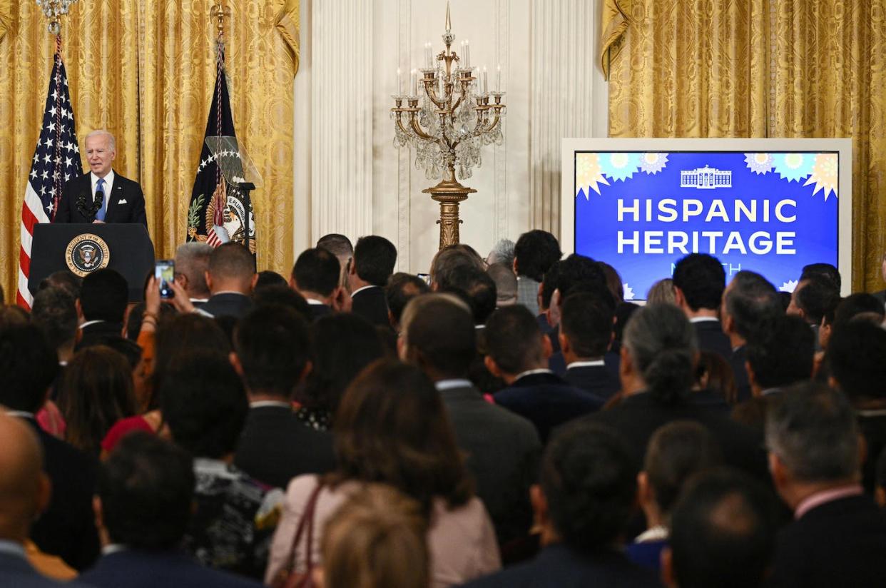 President Biden Joe Biden speaks at a Hispanic Heritage Month 2022 reception at the White House. Just who counts as 'Hispanic' in the U.S. is an open question. <span>Photo by BRENDAN SMIALOWSKI/AFP via Getty Images</span>