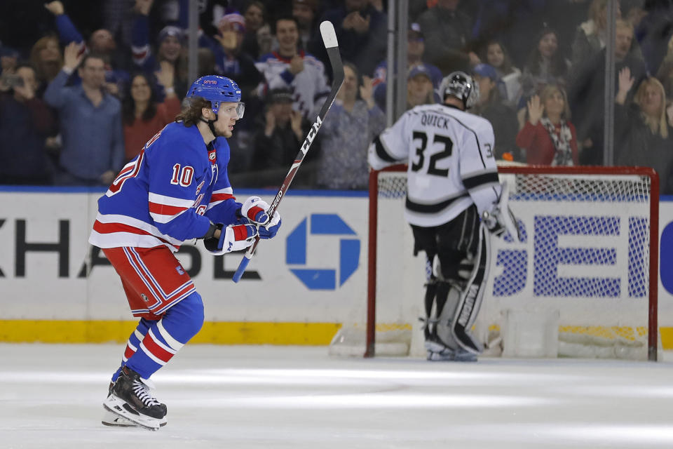 New York Rangers left wing Artemi Panarin (10) skates to his bench after scoring a goal past Los Angeles Kings goaltender Jonathan Quick (32) in the third period of an NHL hockey game Sunday, Feb. 9, 2020, in New York. The Rangers won 4-1. (AP Photo/Adam Hunger)