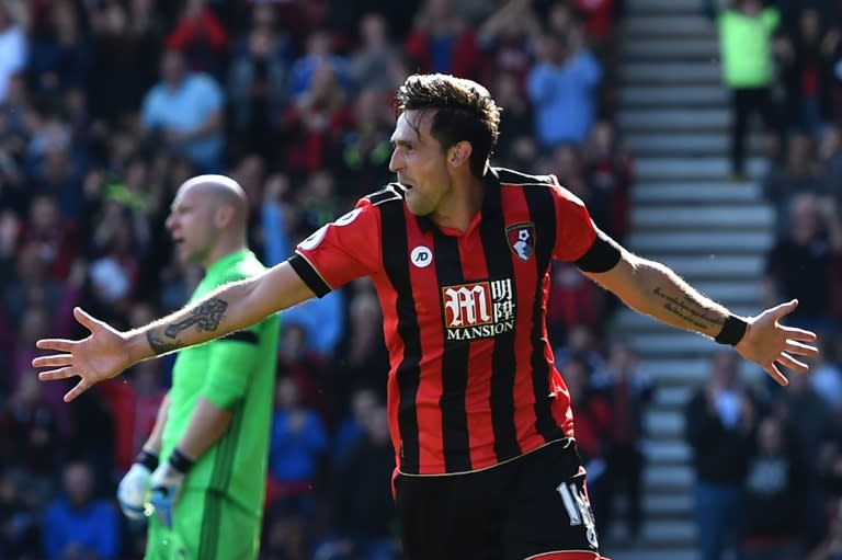 Bournemouth's Charlie Daniels celebrates after scoring their fourth goal against Middlesbrough at the Vitality Stadium in Bournemouth, southern England on April 22, 2017