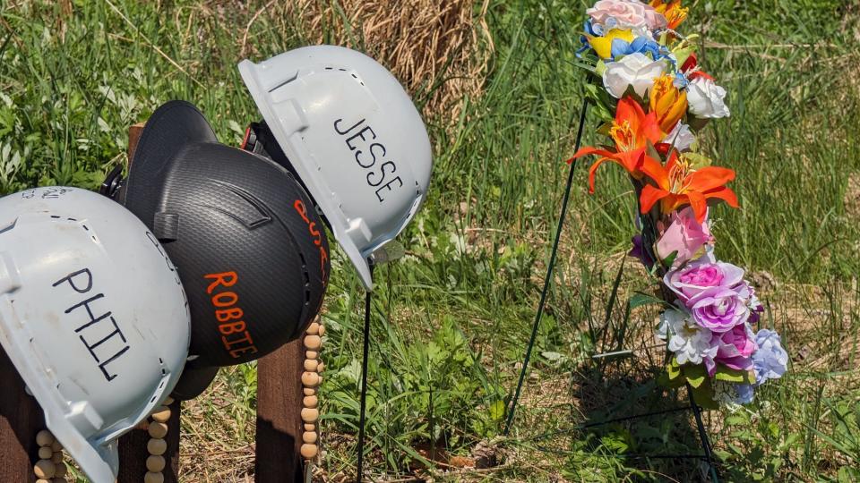 A memorial for Philson Hinebaugh III, 24, of Johnstown, Pa.; Robert Hampe, 42, of Meyersdale, Pa.; and Jesse McKenzie, 24, of Somerset, Pa. is next to the southbound lanes of Interstate 83 around mile marker 35.5. The construction workers died in an April 17 crash in Fairview Township.