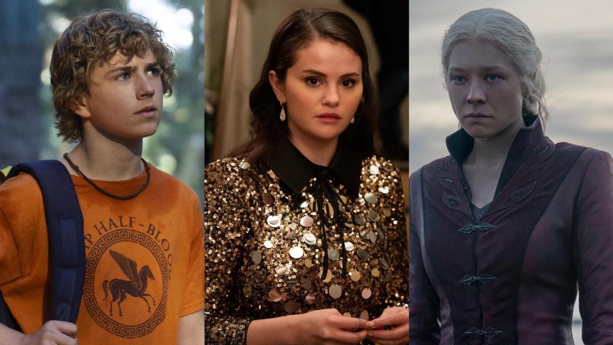  From left to right: Walker Scobell as Percy looking to his right in Percy Jackson, Selena Gomez as Mabel looking concerned in Only Murders in the Building and Emma D'Arcy as Rhaenyra looking driven in House of the Dragon. 