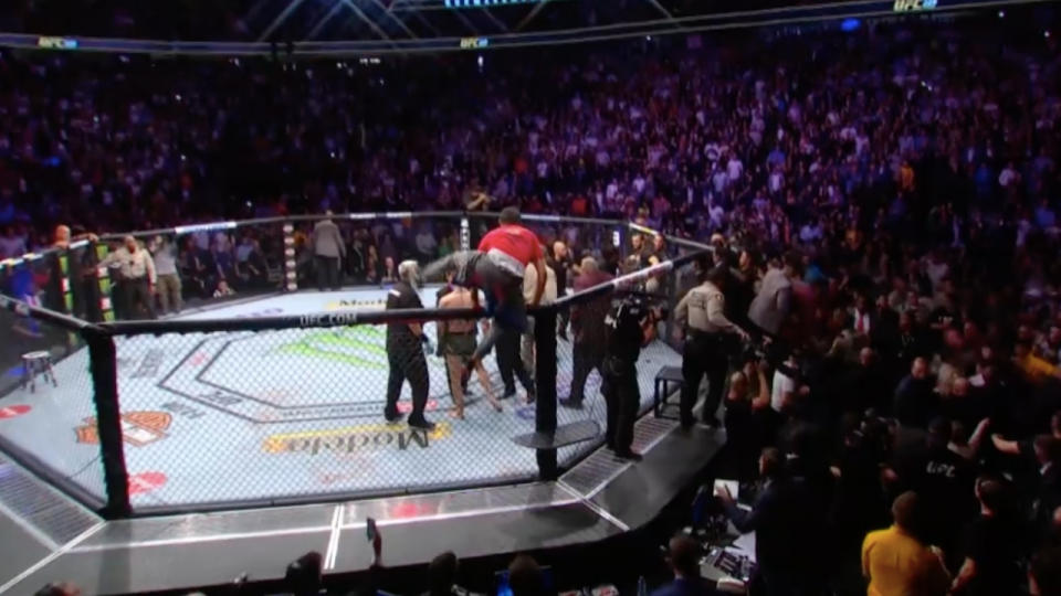 Khabib’s teammate jumped the fence and sucker punched Conor McGregor at UFC 229. Pic: Main Event