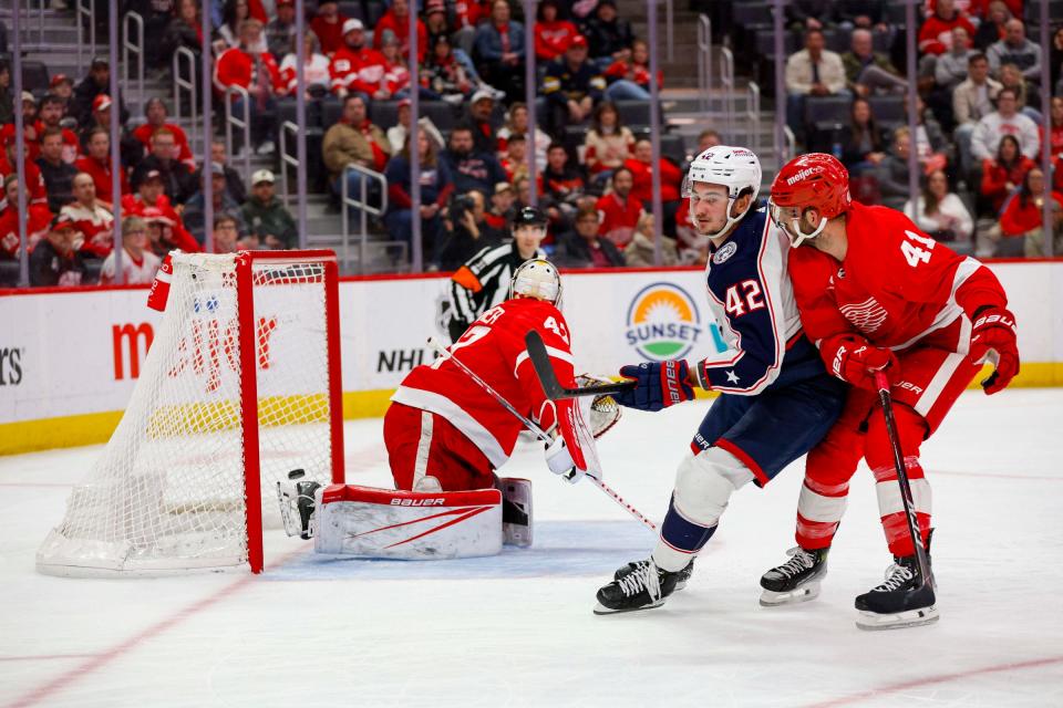 Blue Jackets center Alexandre Texier scores a goal during the first period on Tuesday, March 19, 2024, at Little Caesars Arena.