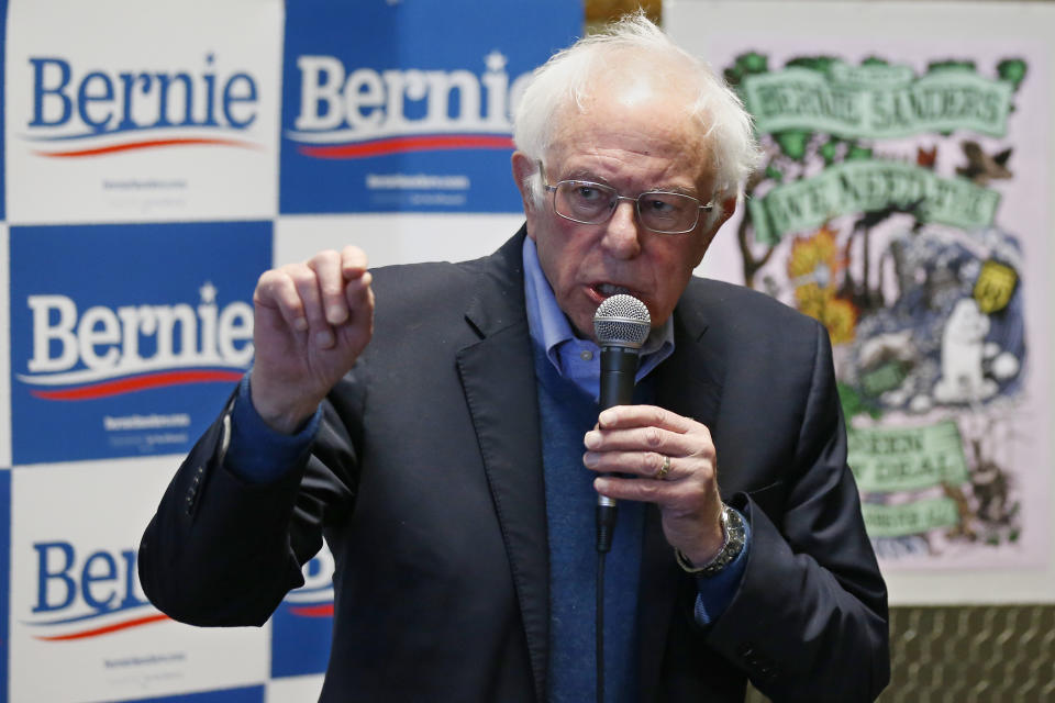 Democratic presidential candidate Sen. Bernie Sanders, I-Vt., speaks at a campaign event, Sunday, Feb. 2, 2020 in Iowa City, Iowa. (AP Photo/Sue Ogrocki)