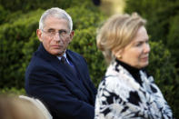 Dr. Anthony Fauci, director of the National Institute of Allergy and Infectious Diseases, and Dr. Deborah Birx, White House coronavirus response coordinator, listen as President Donald Trump speaks about the coronavirus in the Rose Garden of the White House, Monday, March 30, 2020, in Washington. (AP Photo/Alex Brandon)