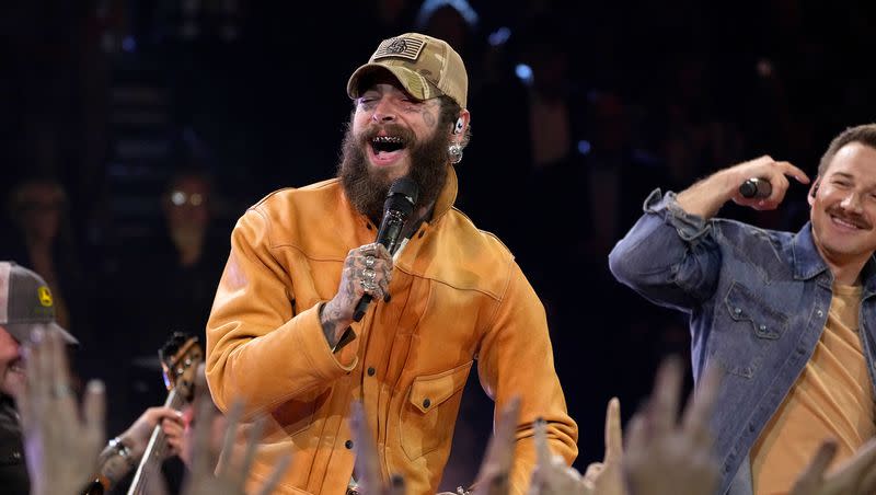 Post Malone at the 57th Annual CMA Awards on Wednesday, Nov. 8, 2023. Post Malone is one of several artists performing in the “Christmas at Graceland” special on Nov. 29. 