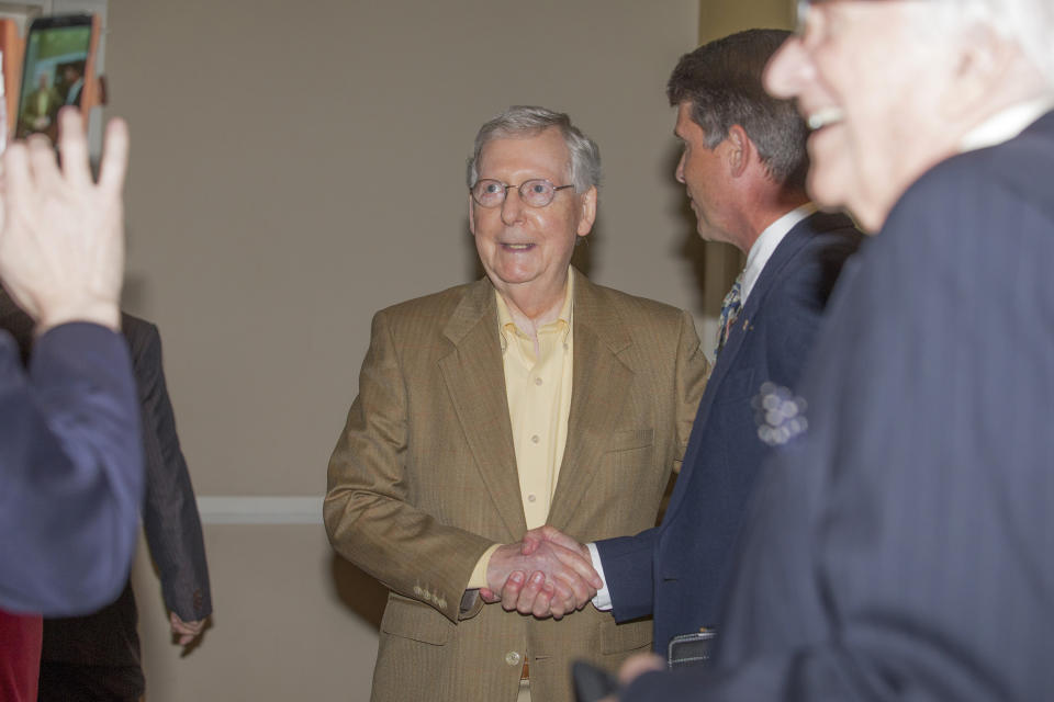 U.S. Senate Majority Leader Mitch McConnell, R-Ky., greets attendees at the Paducah Chamber luncheon at Walker Hall, Tuesday, May 28, 2019, in Paducah, Ky. (Ellen O'Nan/The Paducah Sun via AP)