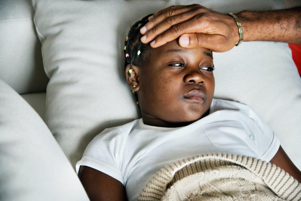 Treat fevers with over-the-counter medicines such as paracetamol. <a href="https://www.shutterstock.com/image-photo/girl-sleeping-sickness-on-bed-796939429" rel="nofollow noopener" target="_blank" data-ylk="slk:Shutterstock;elm:context_link;itc:0;sec:content-canvas" class="link ">Shutterstock</a>