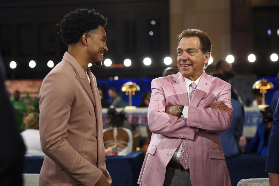 KANSAS CITY, MO - APRIL 27: Alabama head coach speaks with Bryce Young in the dressing room backstage during the first round of the 2023 NFL Draft at Union Station on April 27, 2023 in Kansas City, Missouri. Coach Nick Saban.  (Photo by Kevin Savitus/Getty Images)