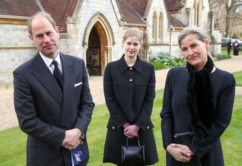 Prince Edward (left), Countess Sophie (right) and their daughter, Lady Louise Windsor (center), attend Sunday service at the Royal Chapel of All Saints on April 11, 2021, two days after the death of Edward's father, Prince Philip.