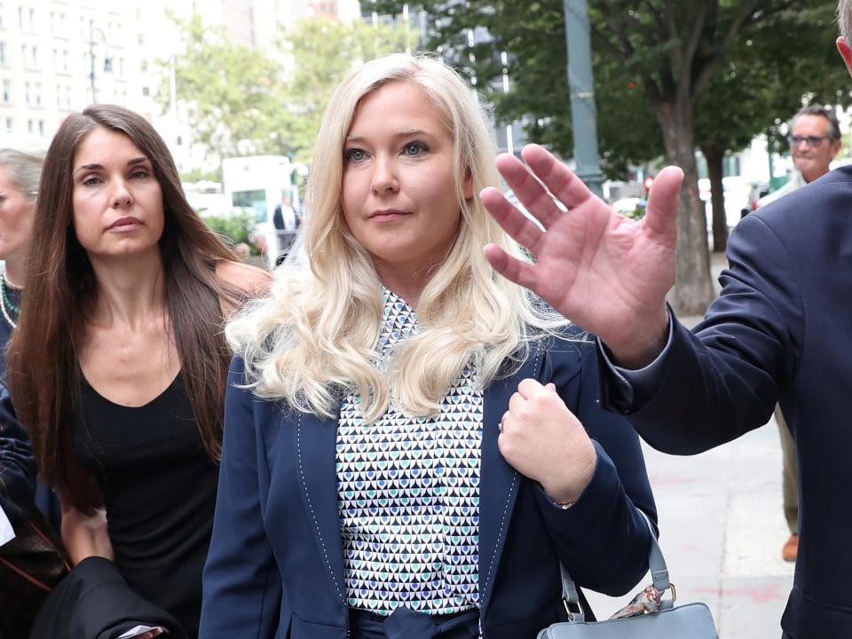 Lawyer David Boies arrives with his client Virginia Giuffre for hearing in the criminal case against Jeffrey Epstein, who died this month in what a New York City medical examiner ruled a suicide, at Federal Court in New York, U.S., August 27, 2019.