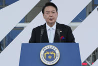 South Korean President Yoon Suk Yeol speaks during a ceremony to celebrate Korean Liberation Day from Japanese colonial rule in 1945, at the presidential office square in Seoul, South Korea, Monday, Aug. 15, 2022. (AP Photo/Ahn Young-joon, Pool)