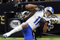 <p>Detroit Lions wide receiver Marvin Jones (11) pulls in a touchdown reception over New Orleans Saints cornerback Ken Crawley in the second half of an NFL football game in New Orleans, Sunday, Oct. 15, 2017. (AP Photo/Bill Feig) </p>