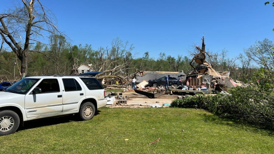 Damage in Sherwood, which was placed under a tornado emergency during the storms. (May 8, 2024)