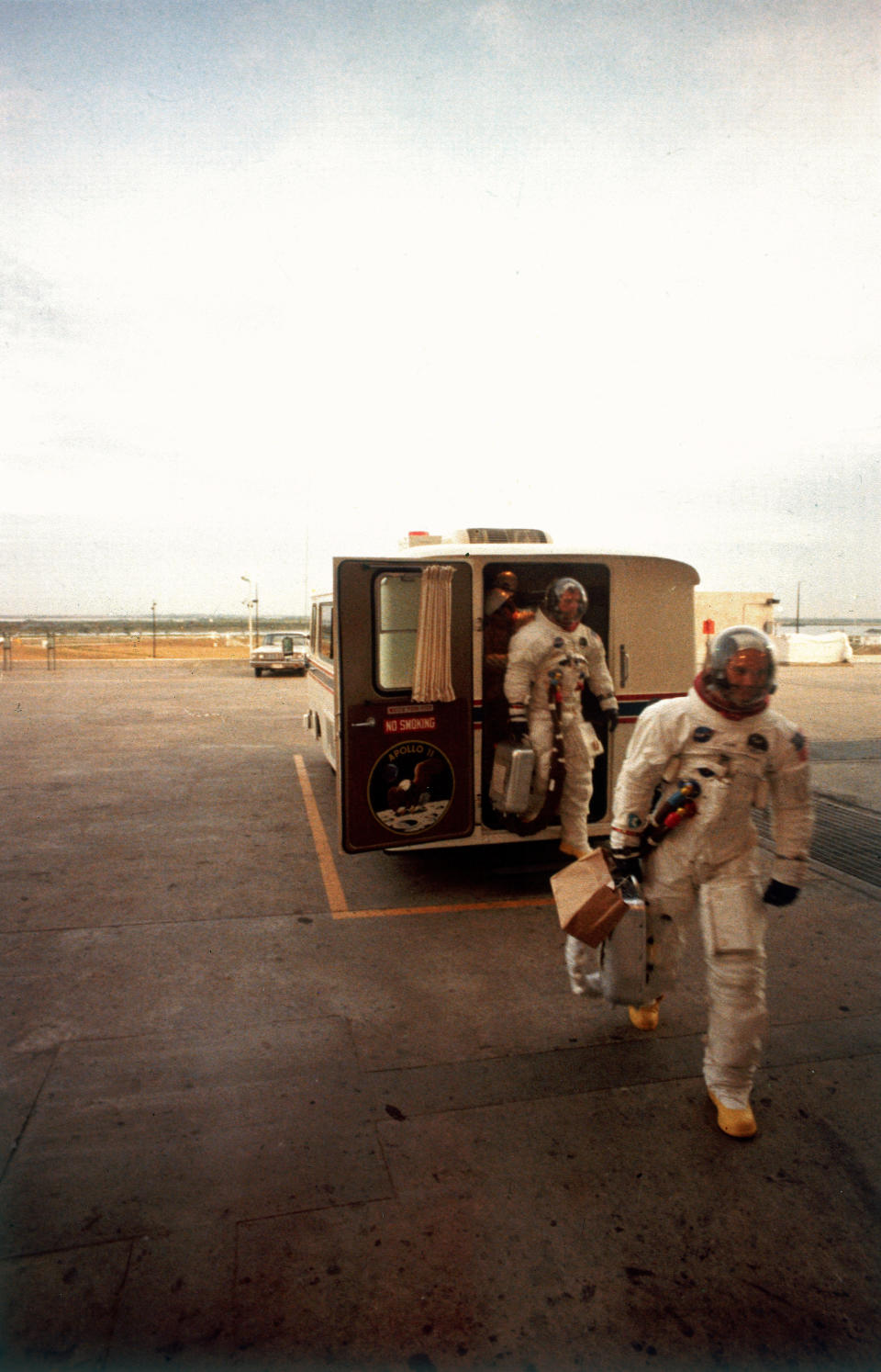 The Apollo 11 astronauts exit the transfer van after they arrive at the mission launch tower, Cape Canaveral (then known as Cape Kennedy), Florida, July 16, 1969. (Photo: Ralph Morse/The LIFE Picture Collection via Getty Images/Getty Images)