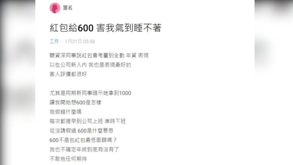 網友抱怨只收到600元紅包。（圖／翻攝自Dcard）