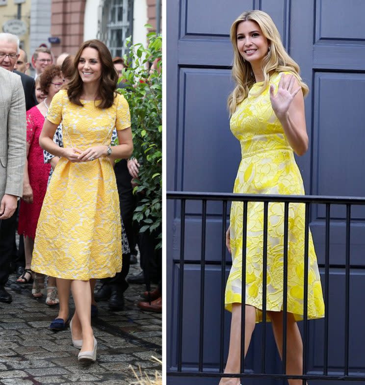 Kate’s yellow Jenny Packham dress was pretty similar to one worn by Ivanka Trump two days ago. (Photo: PA/Instagram)