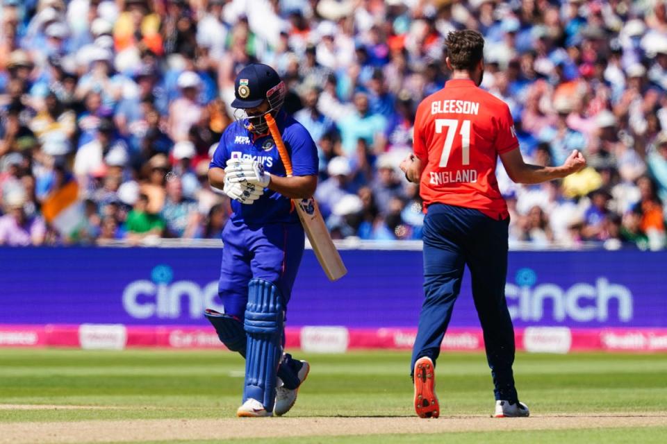 Richard Gleeson, right, celebrates the wicket of Rishabh Pant (David Davies/PA) (PA Wire)