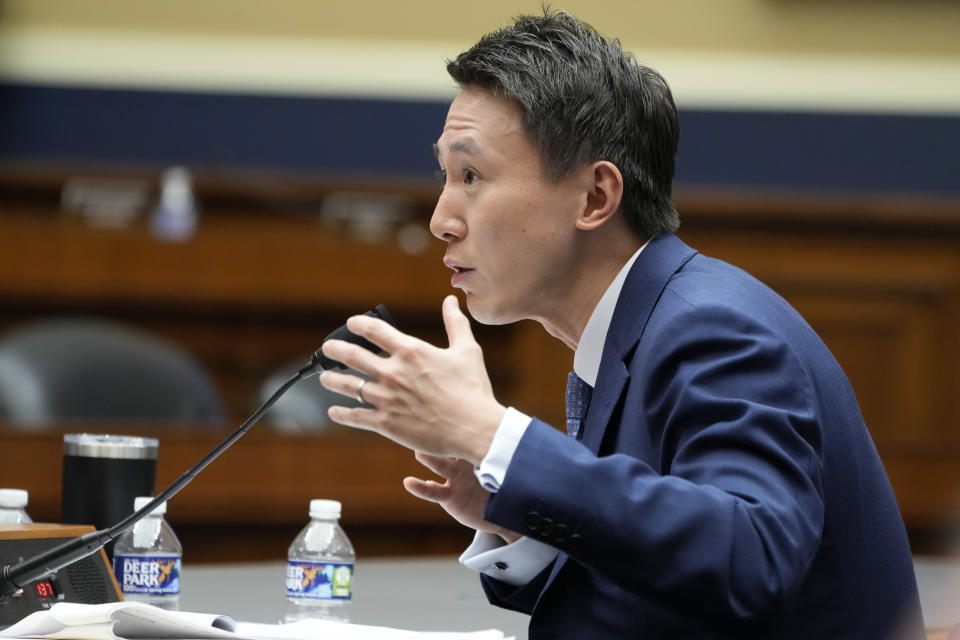 TikTok CEO Shou Zi Chew testifies during a hearing of the House Energy and Commerce Committee, on the platform's consumer privacy and data security practices and impact on children, Thursday, March 23, 2023, on Capitol Hill in Washington. (AP Photo/Jacquelyn Martin)