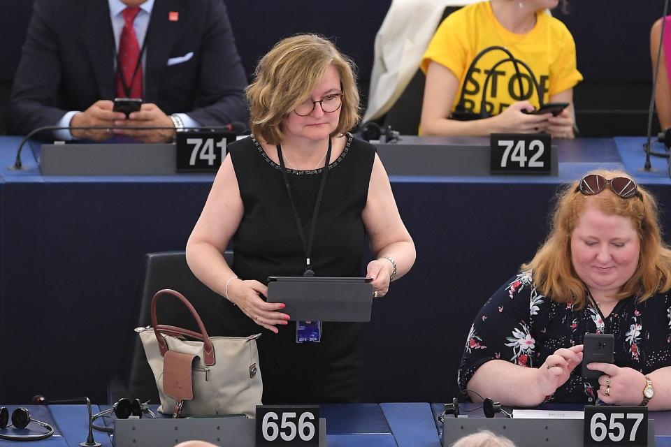 Newly elected French MEP Nathalie Loiseau (C) arrives for the inaugural European Parliament session at the European Parliament on July 2, 2019 in Strasbourg, eastern France. - The 751-seat parliament is more fragmented than ever after a vote in May that saw solid gains by the liberals and Greens as well as the far right and eurosceptics. With Brexit delayed until as late as October 31, the deep political divisions in Britain were on full display in the eastern French city as 73 British MEPs arrived to parliament. (Photo by FREDERICK FLORIN / AFP)        (Photo credit should read FREDERICK FLORIN/AFP/Getty Images)