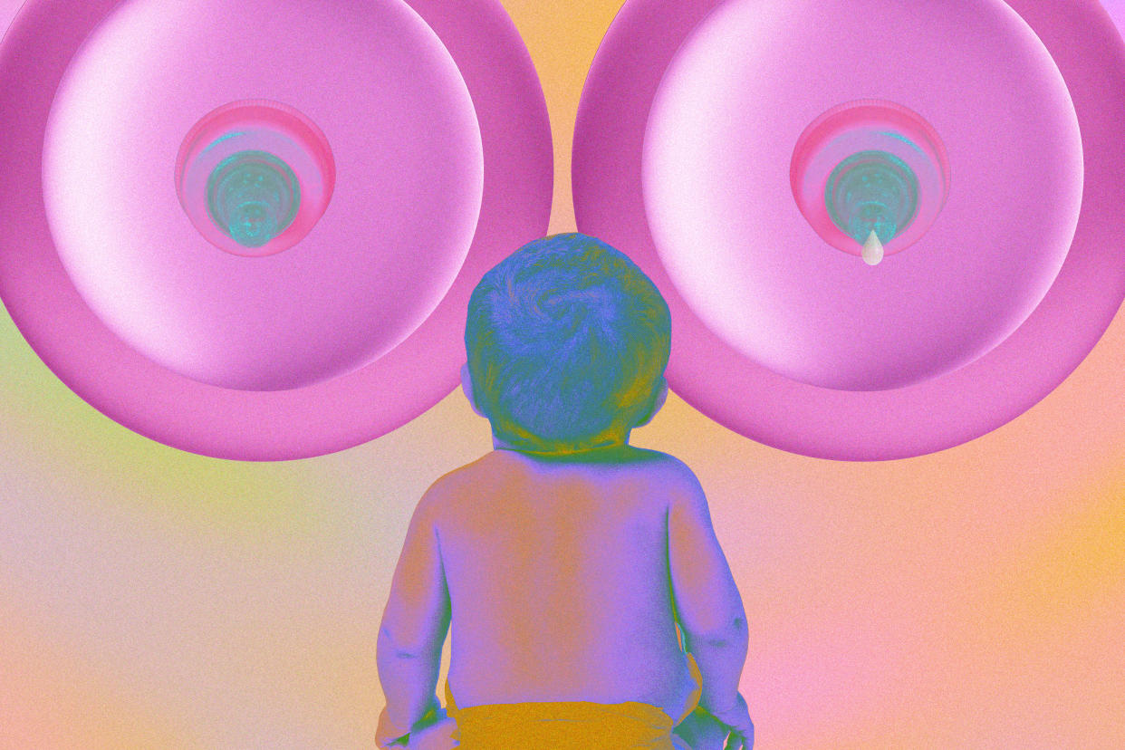 A photo illustration shows a baby looking at two stylized breasts.